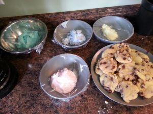 My assorted frosting colors, and a giant plate of chocolate chip cookies!